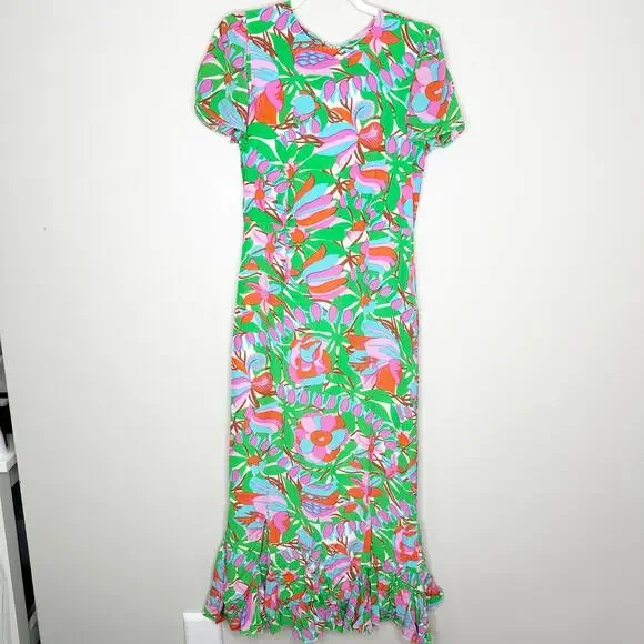 RHODE Lulani Dress White Fleur Tropicale Ruffle Hem Midi Green Floral Dress 4 RHODE Lulani Dress White Fleur Tropicale Ruffle Hem Midi Green Floral Dress 4